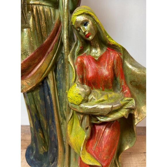 Vintage Religious Sculpture Art Metallic Patina Holy Family Scene Large - Picture 2 of 8